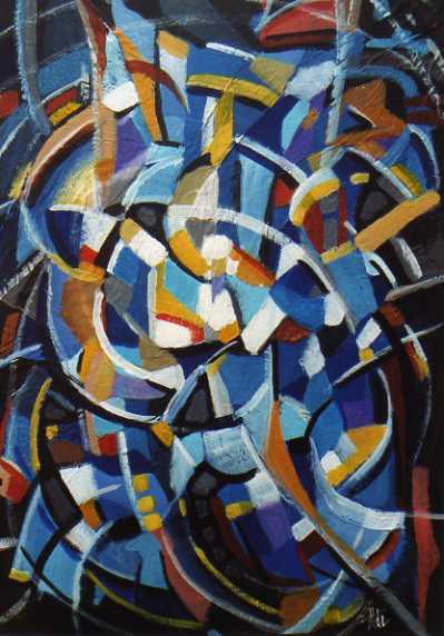Ultime combat du jour et de la nuit (50x70) Acrylique sur papier froiss&eacute; coll&eacute; sur bois)